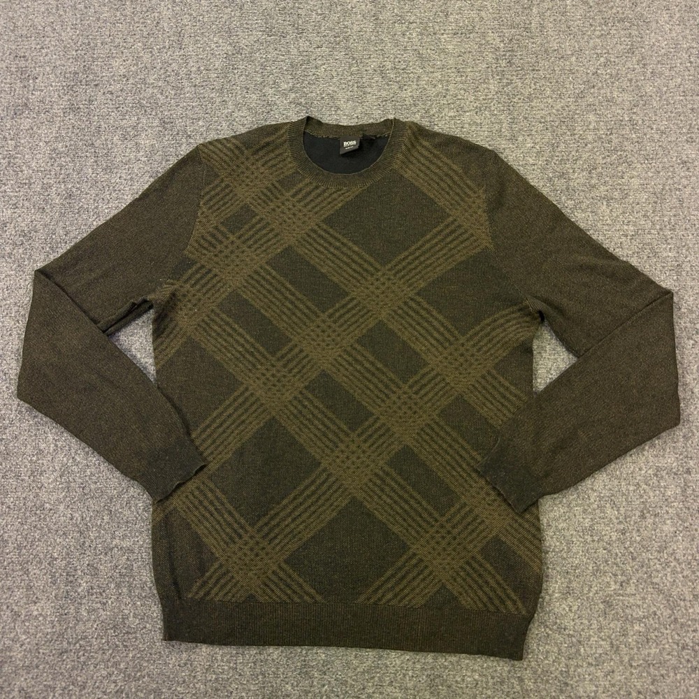 Hugo Boss Sweater Mens XL Brown Crewneck Cotton Modal Silk Argyle Knit Pullover